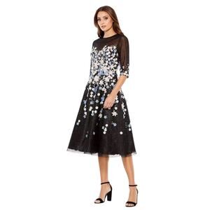 Mac Duggal 11161 Black Floral Appliqué Rhinestone Accent Midi Dress Size 6 $398